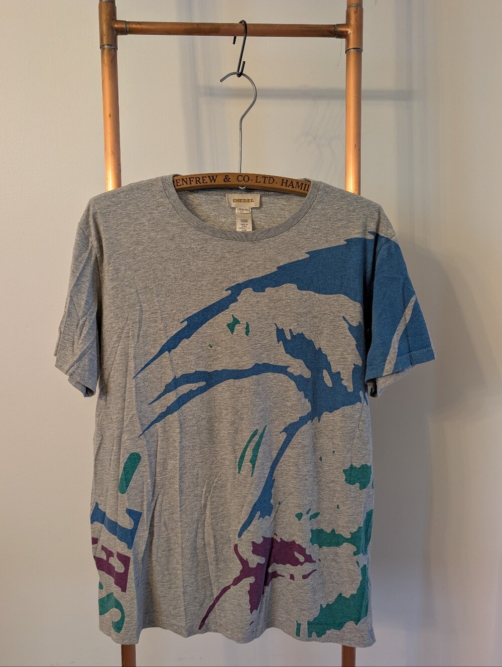 Y2K - Diesel Men's Graphic Crewneck T-Shirt - Grey with Blue & Teal Print (XL)
